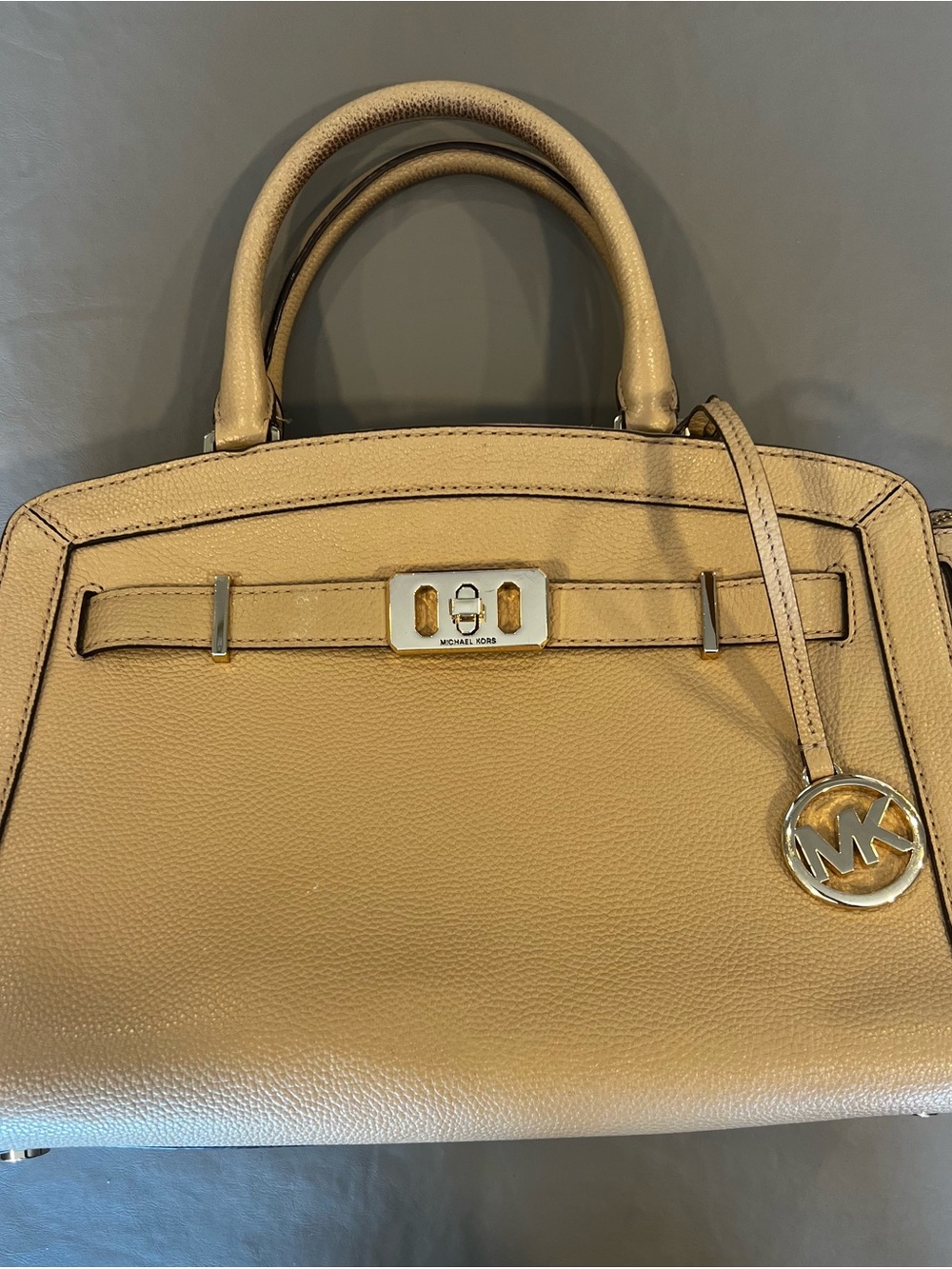 Michael Kors Beige Leather Satchel with Gold MK Charm